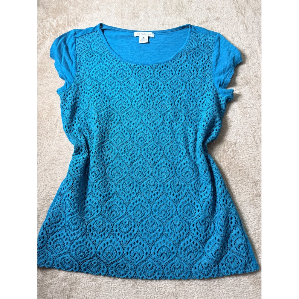 Liz Claiborne Turquoise Blue Crochet Lace Front Cap Sleeve Top Medium Boho